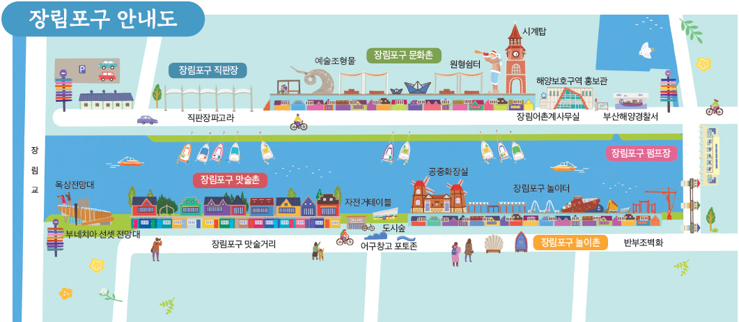 장림항 안내도 - 장림교 장림포구 직판장(직판장 파고라), 예술조형물, 장림포구 문화촌, 원형쉼터, 시계탑, 해양보호구역 홍보관(장림어촌계사무실), 부산해양경찰서, 장림포구 펌프장, 장림포구 놀이촌, 반부조벽화, 장림포구 놀이터, 공중화장실, 자전거테이블, 도시숲, 어구창고 포토존, 장림포구 맛술촌(장림포구 맛술거리), 부네치아 선셋 전망대(옥상전망대)